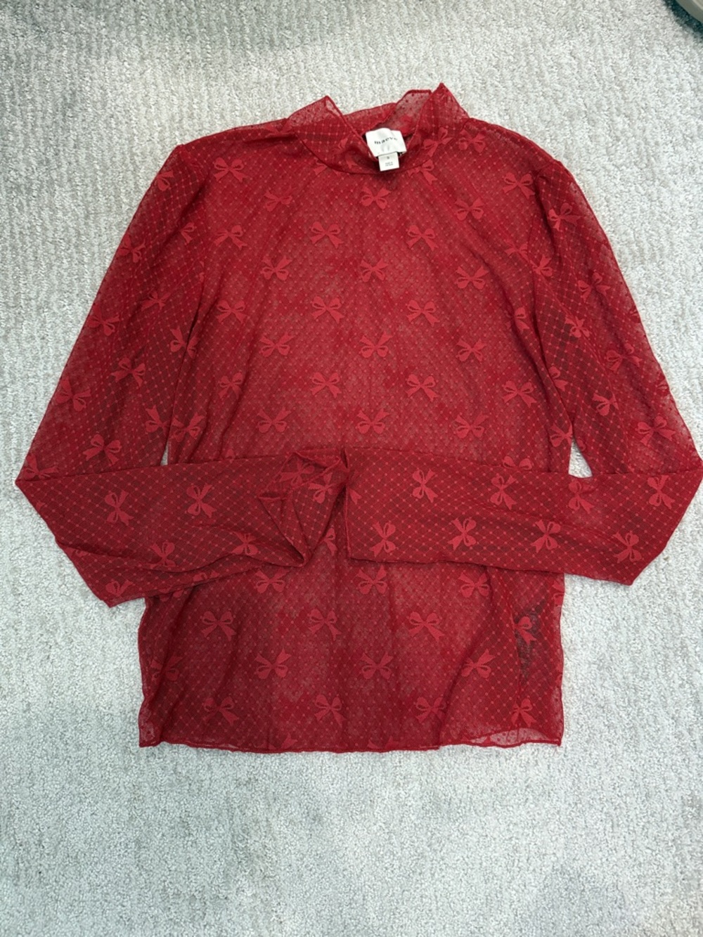 Maeve Red Sheer Long-Sleeve Bow Print Top